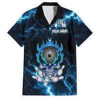 Personalized Bowling Skull Hawaiian Shirt with Blue Flame Energy and Electric Lightning Strike Pattern - Wonder Print Shop