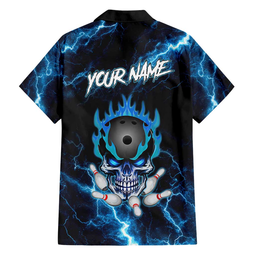 Personalized Bowling Skull Hawaiian Shirt with Blue Flame Energy and Electric Lightning Strike Pattern - Wonder Print Shop