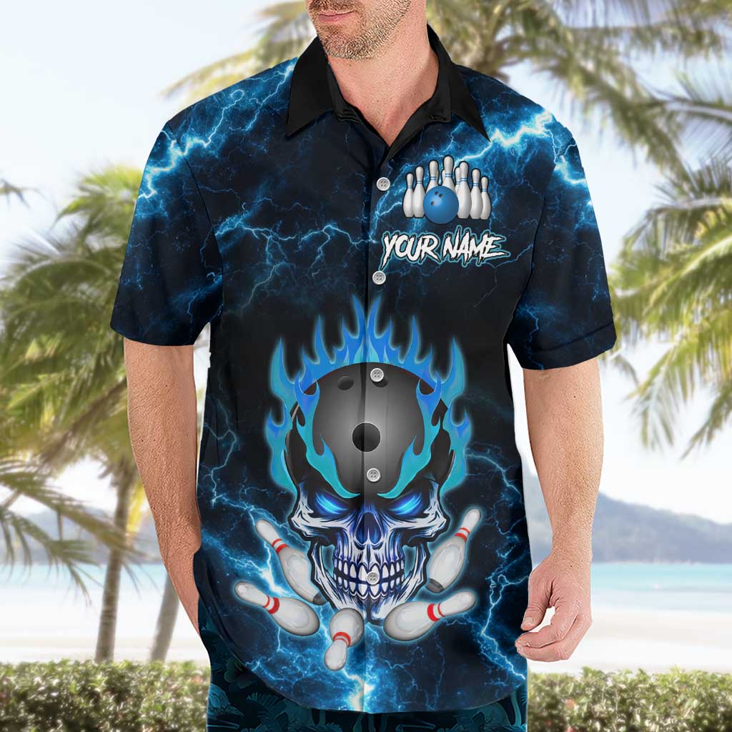 Personalized Bowling Skull Hawaiian Shirt with Blue Flame Energy and Electric Lightning Strike Pattern - Wonder Print Shop