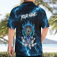 Personalized Bowling Skull Hawaiian Shirt with Blue Flame Energy and Electric Lightning Strike Pattern - Wonder Print Shop