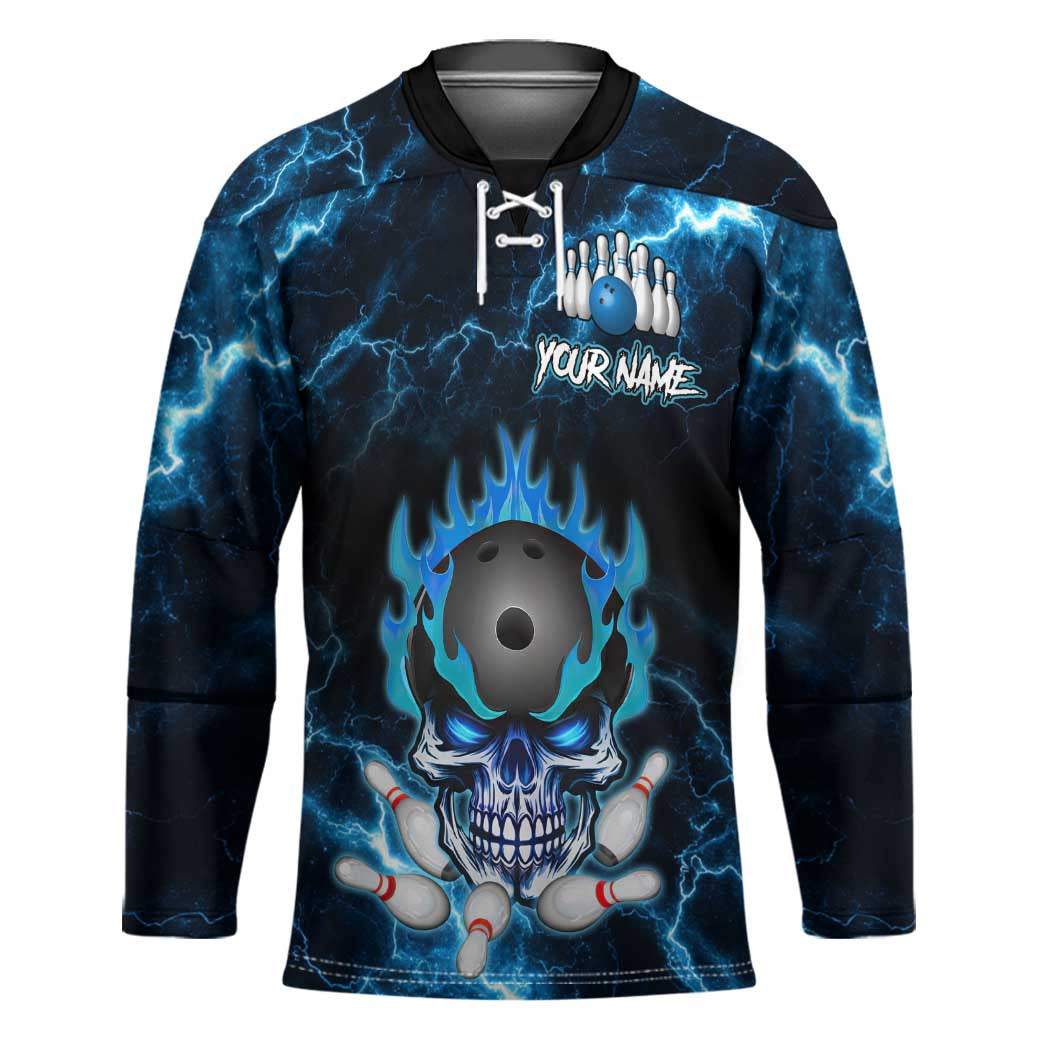 Personalized Bowling Skull Hockey Jersey with Blue Flame Energy and Electric Lightning Strike Pattern - Wonder Print Shop