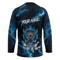 Personalized Bowling Skull Hockey Jersey with Blue Flame Energy and Electric Lightning Strike Pattern - Wonder Print Shop