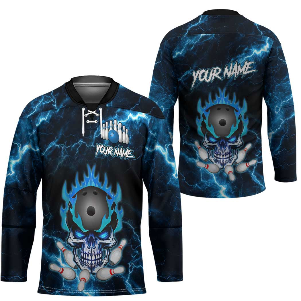 Personalized Bowling Skull Hockey Jersey with Blue Flame Energy and Electric Lightning Strike Pattern - Wonder Print Shop