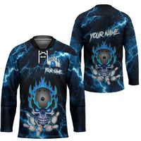 Personalized Bowling Skull Hockey Jersey with Blue Flame Energy and Electric Lightning Strike Pattern - Wonder Print Shop