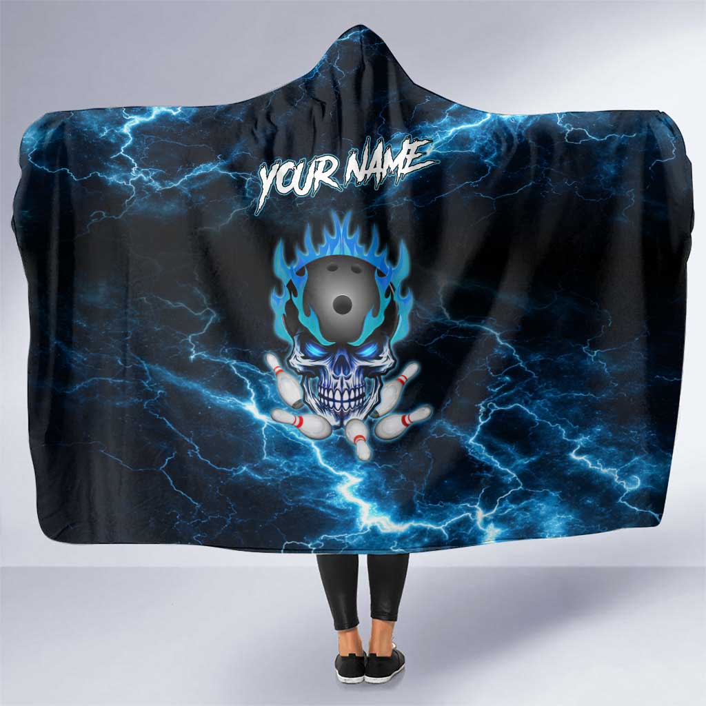 Personalized Bowling Skull Hooded Blanket with Blue Flame Energy and Electric Lightning Strike Pattern - Wonder Print Shop