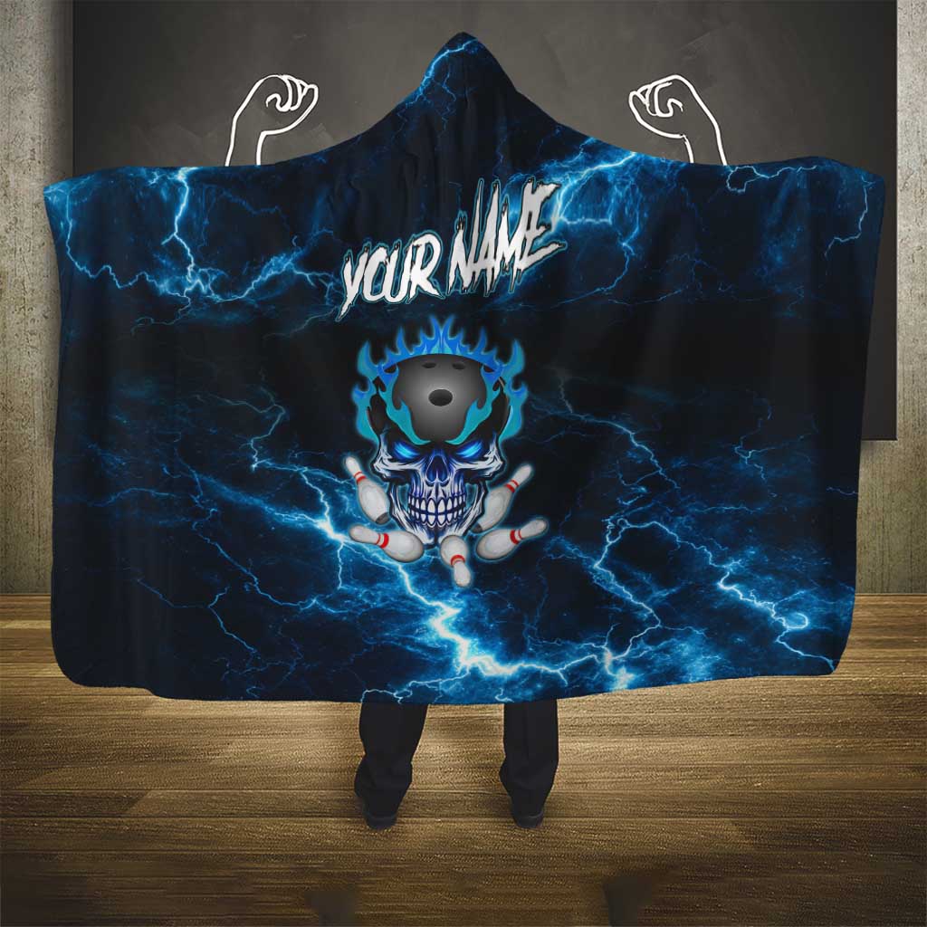 Personalized Bowling Skull Hooded Blanket with Blue Flame Energy and Electric Lightning Strike Pattern - Wonder Print Shop