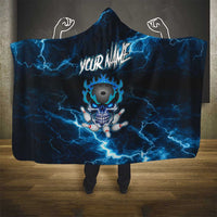 Personalized Bowling Skull Hooded Blanket with Blue Flame Energy and Electric Lightning Strike Pattern - Wonder Print Shop