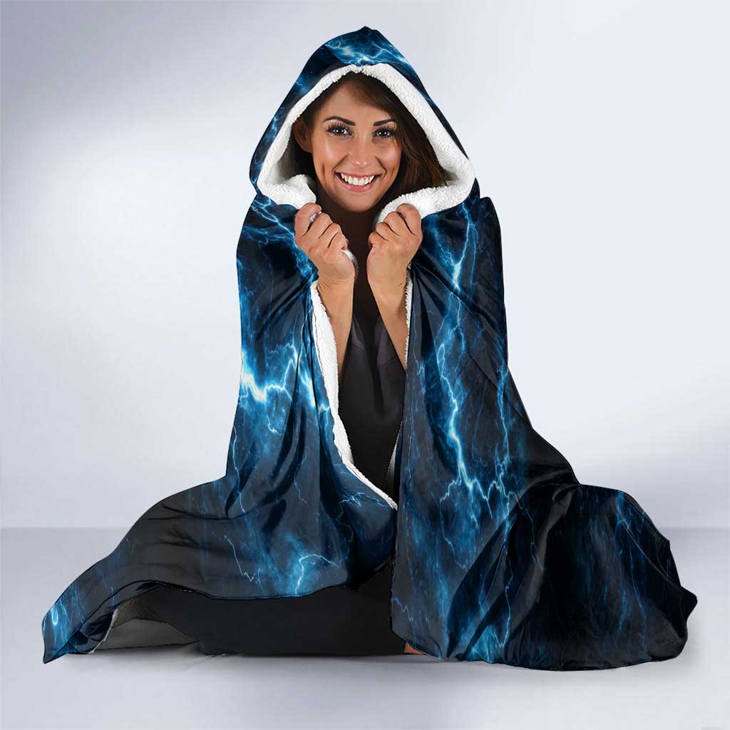 Personalized Bowling Skull Hooded Blanket with Blue Flame Energy and Electric Lightning Strike Pattern - Wonder Print Shop