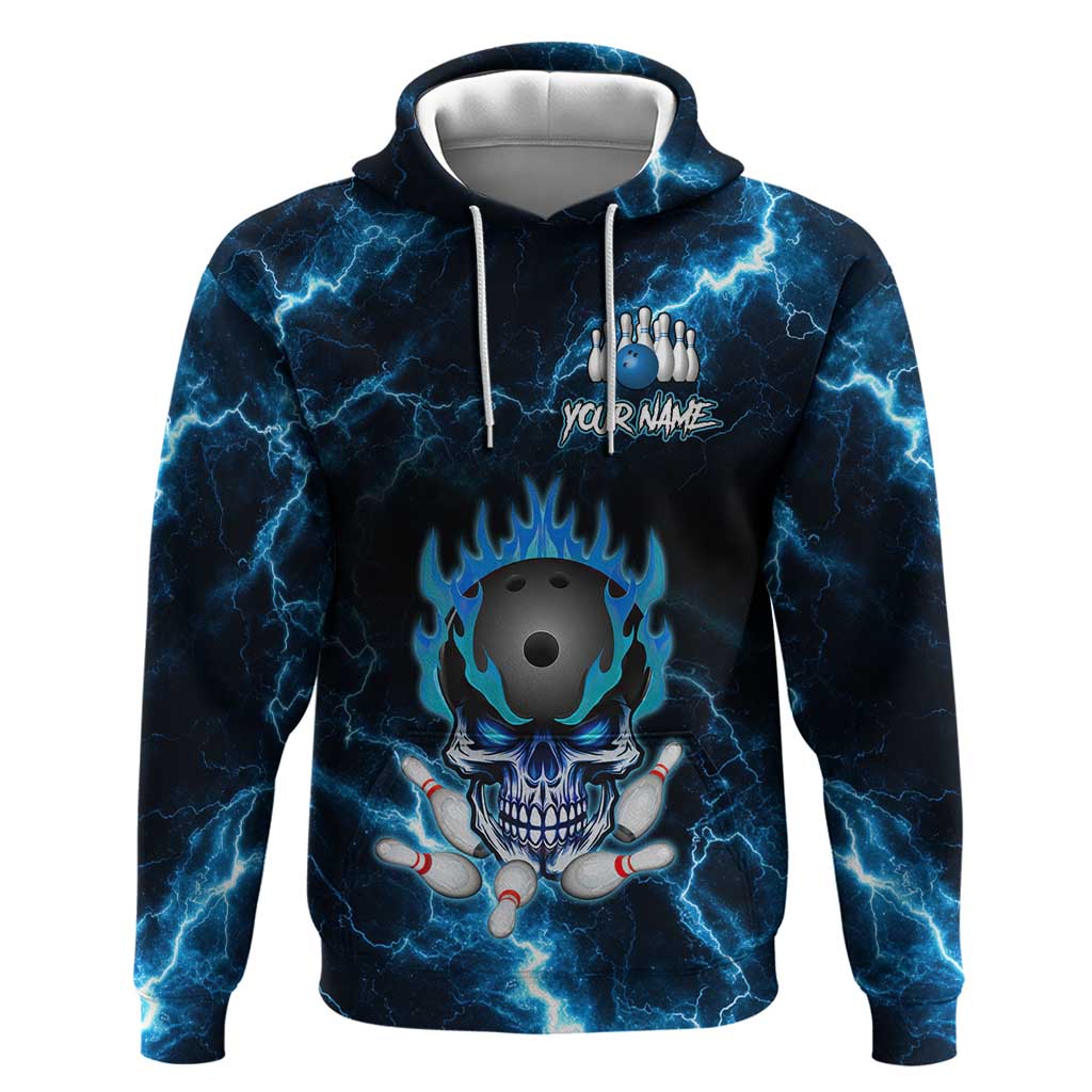 Personalized Bowling Skull Hoodie with Blue Flame Energy and Electric Lightning Strike Pattern - Wonder Print Shop