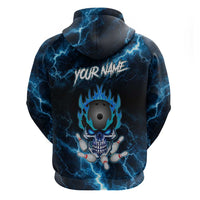 Personalized Bowling Skull Hoodie with Blue Flame Energy and Electric Lightning Strike Pattern - Wonder Print Shop