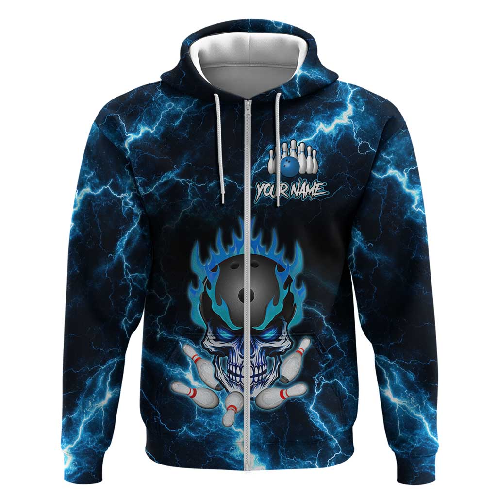 Personalized Bowling Skull Hoodie with Blue Flame Energy and Electric Lightning Strike Pattern - Wonder Print Shop
