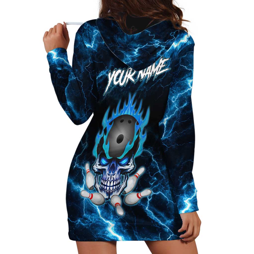 Personalized Bowling Skull Hoodie Dress with Blue Flame Energy and Electric Lightning Strike Pattern - Wonder Print Shop