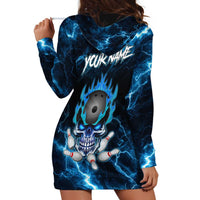 Personalized Bowling Skull Hoodie Dress with Blue Flame Energy and Electric Lightning Strike Pattern - Wonder Print Shop