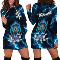 Personalized Bowling Skull Hoodie Dress with Blue Flame Energy and Electric Lightning Strike Pattern - Wonder Print Shop