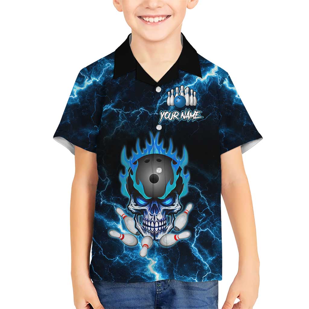 Personalized Bowling Skull Kid Hawaiian Shirt with Blue Flame Energy and Electric Lightning Strike Pattern - Wonder Print Shop