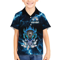 Personalized Bowling Skull Kid Hawaiian Shirt with Blue Flame Energy and Electric Lightning Strike Pattern - Wonder Print Shop
