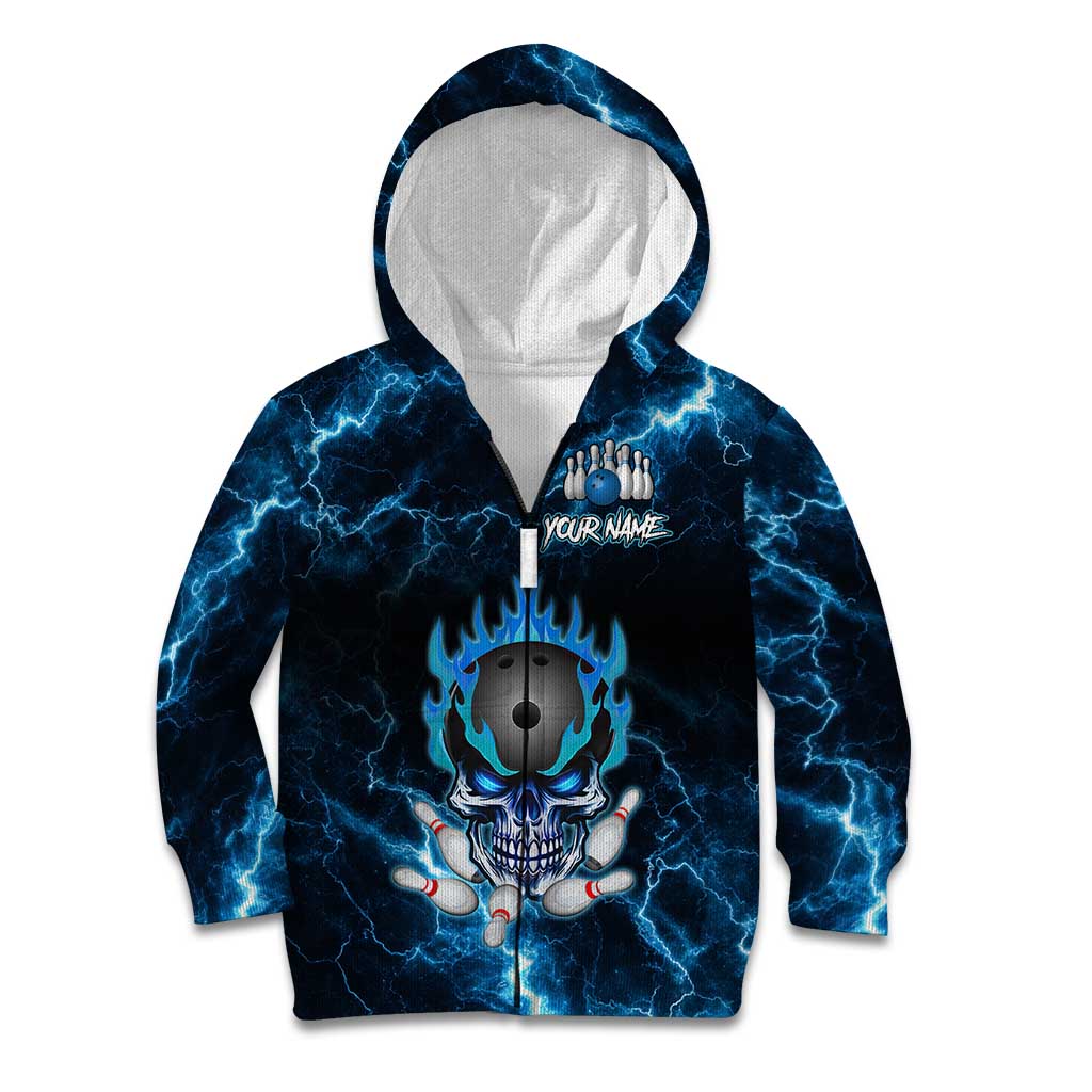 Personalized Bowling Skull Kid Hoodie with Blue Flame Energy and Electric Lightning Strike Pattern - Wonder Print Shop