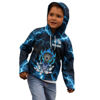 Personalized Bowling Skull Kid Hoodie with Blue Flame Energy and Electric Lightning Strike Pattern - Wonder Print Shop