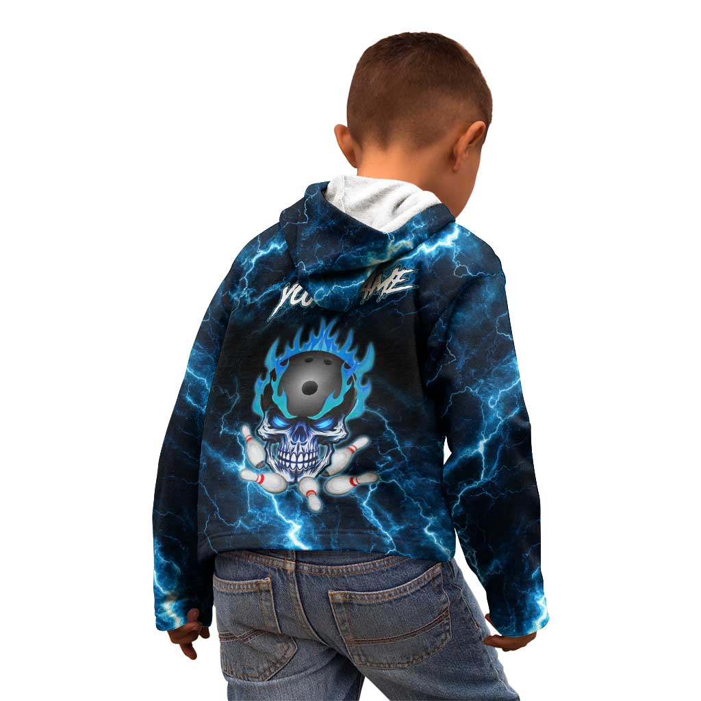 Personalized Bowling Skull Kid Hoodie with Blue Flame Energy and Electric Lightning Strike Pattern - Wonder Print Shop