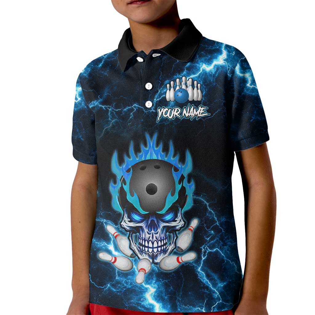 Personalized Bowling Skull Kid Polo Shirt with Blue Flame Energy and Electric Lightning Strike Pattern - Wonder Print Shop