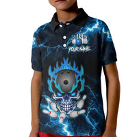 Personalized Bowling Skull Kid Polo Shirt with Blue Flame Energy and Electric Lightning Strike Pattern - Wonder Print Shop