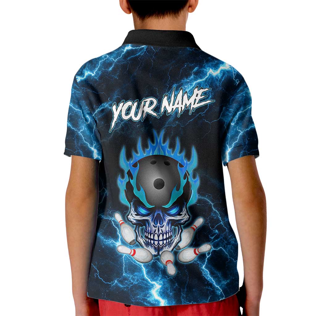 Personalized Bowling Skull Kid Polo Shirt with Blue Flame Energy and Electric Lightning Strike Pattern - Wonder Print Shop