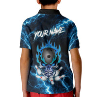 Personalized Bowling Skull Kid Polo Shirt with Blue Flame Energy and Electric Lightning Strike Pattern - Wonder Print Shop