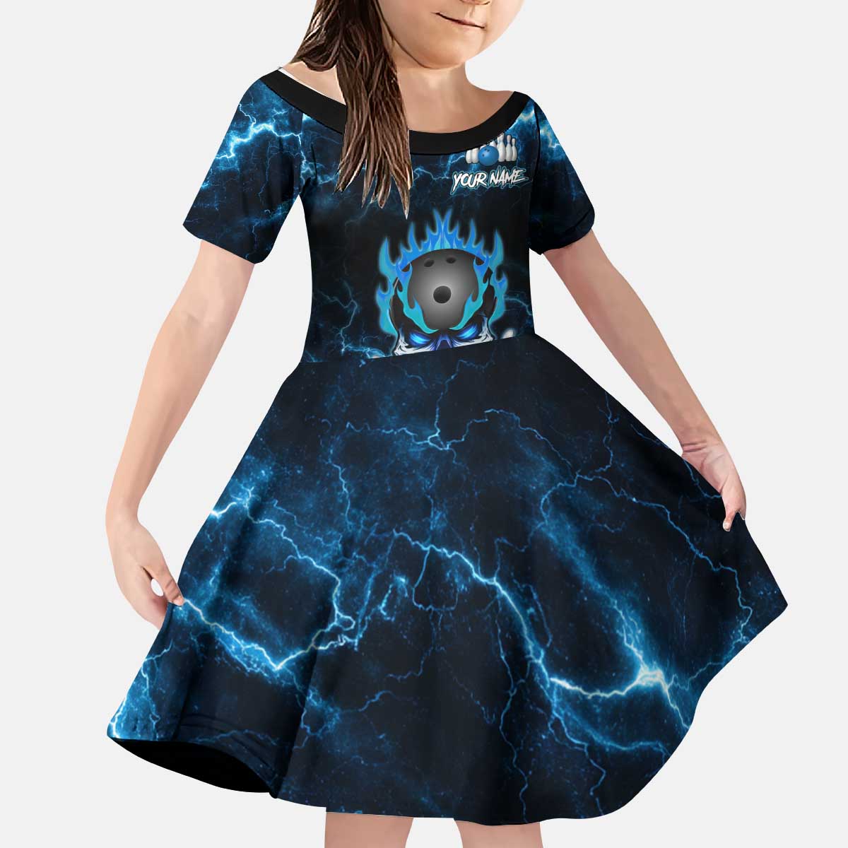 Personalized Bowling Skull Kid Short Sleeve Dress with Blue Flame Energy and Electric Lightning Strike Pattern - Wonder Print Shop