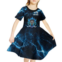 Personalized Bowling Skull Kid Short Sleeve Dress with Blue Flame Energy and Electric Lightning Strike Pattern - Wonder Print Shop