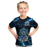 Personalized Bowling Skull Kid T Shirt with Blue Flame Energy and Electric Lightning Strike Pattern - Wonder Print Shop