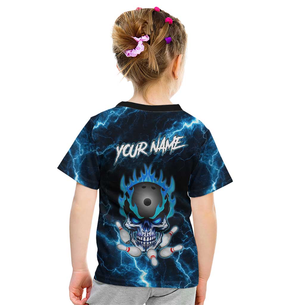 Personalized Bowling Skull Kid T Shirt with Blue Flame Energy and Electric Lightning Strike Pattern - Wonder Print Shop