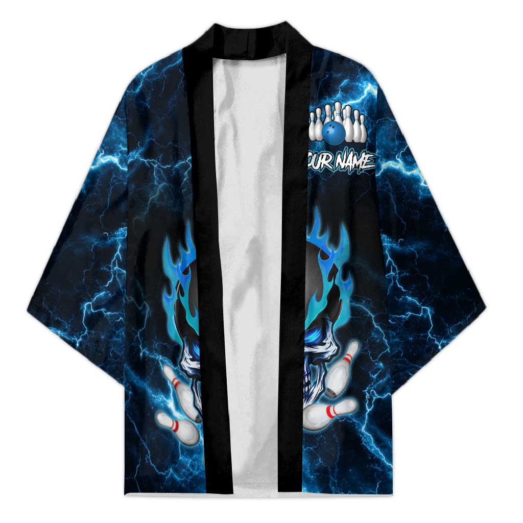 Personalized Bowling Skull Kimono with Blue Flame Energy and Electric Lightning Strike Pattern - Wonder Print Shop