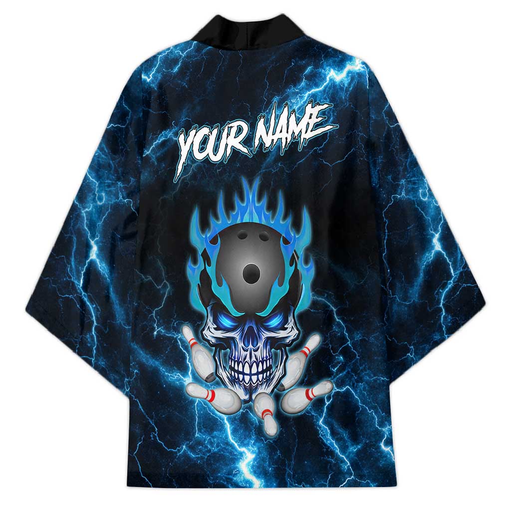 Personalized Bowling Skull Kimono with Blue Flame Energy and Electric Lightning Strike Pattern - Wonder Print Shop