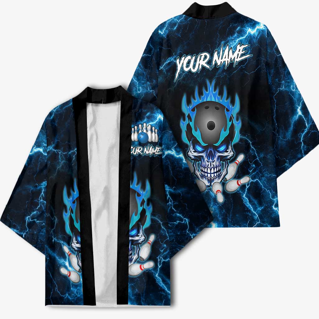 Personalized Bowling Skull Kimono with Blue Flame Energy and Electric Lightning Strike Pattern - Wonder Print Shop