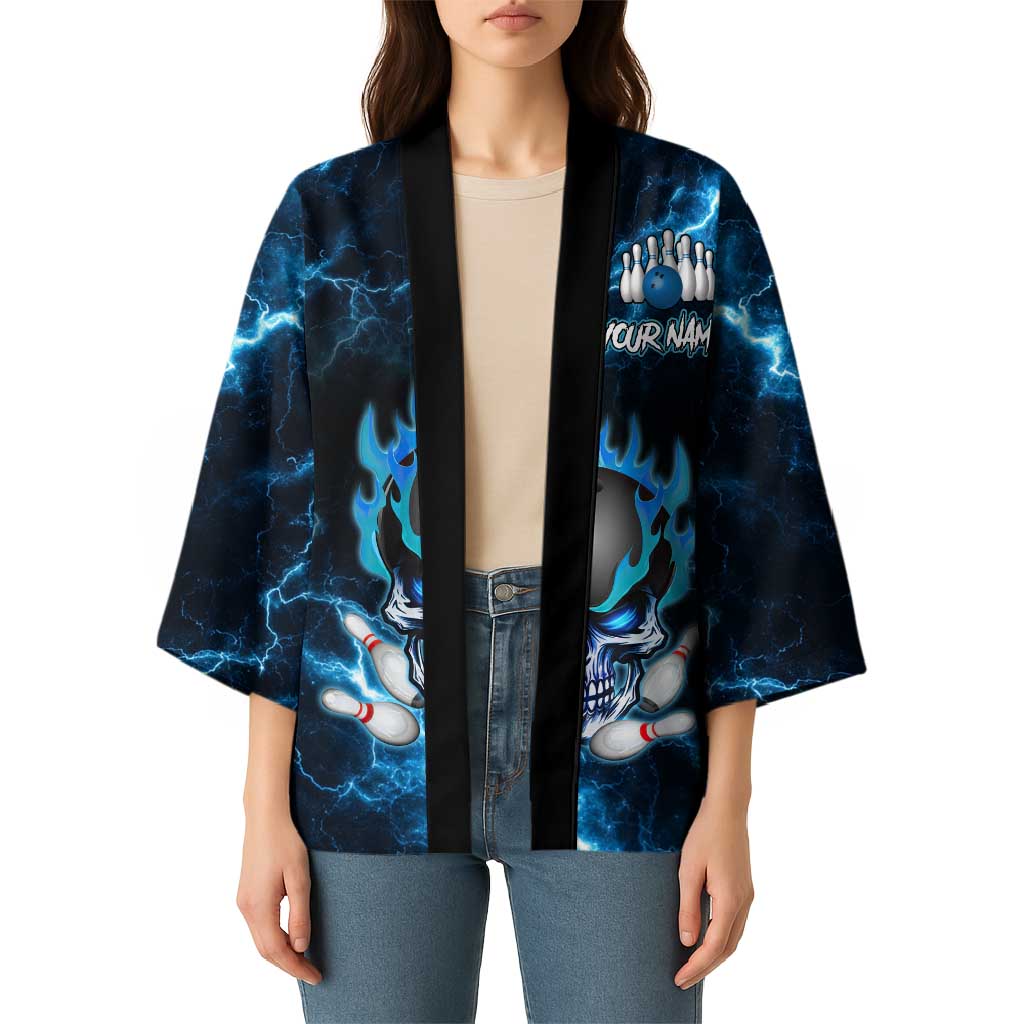 Personalized Bowling Skull Kimono with Blue Flame Energy and Electric Lightning Strike Pattern - Wonder Print Shop