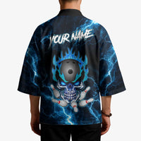 Personalized Bowling Skull Kimono with Blue Flame Energy and Electric Lightning Strike Pattern - Wonder Print Shop