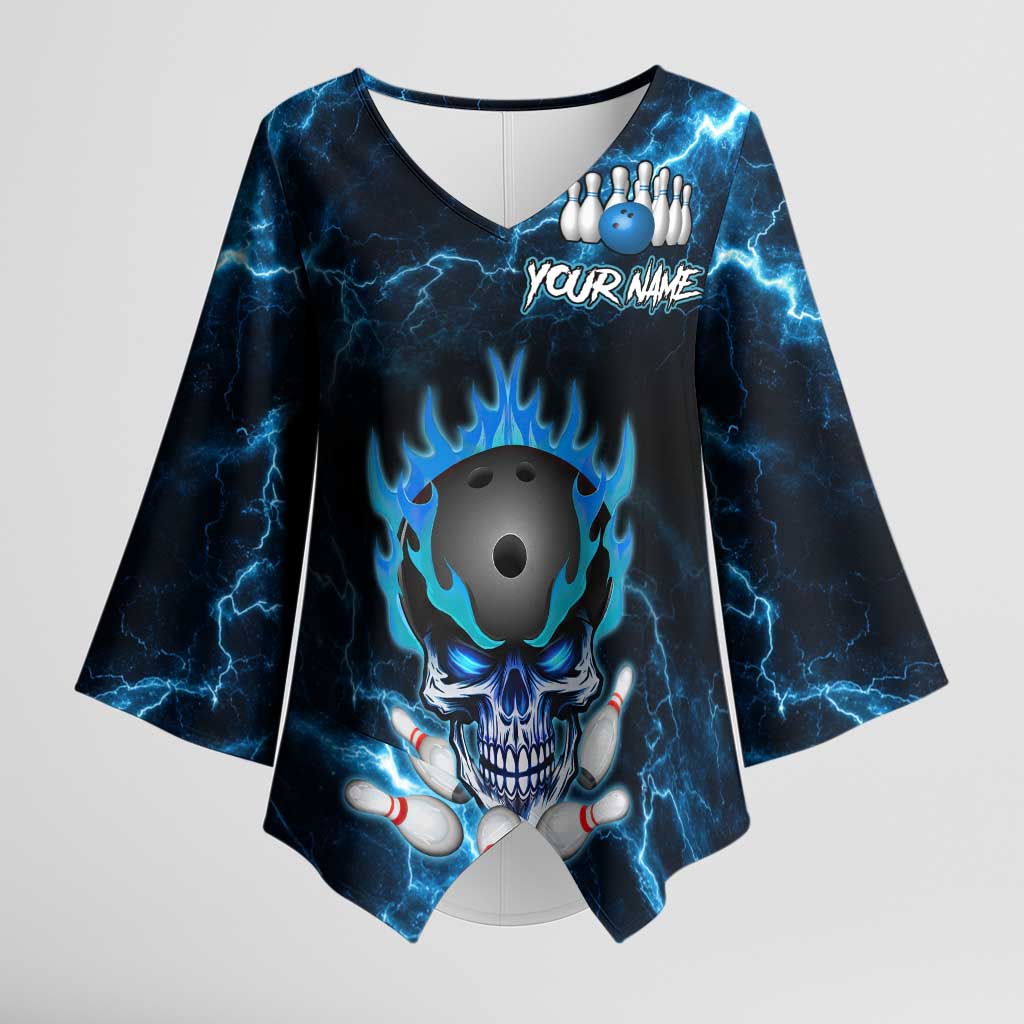 Personalized Bowling Skull Kimono Sleeve Blouse with Blue Flame Energy and Electric Lightning Strike Pattern - Wonder Print Shop