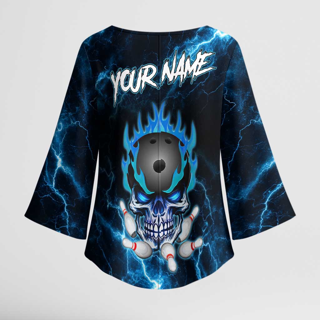 Personalized Bowling Skull Kimono Sleeve Blouse with Blue Flame Energy and Electric Lightning Strike Pattern - Wonder Print Shop