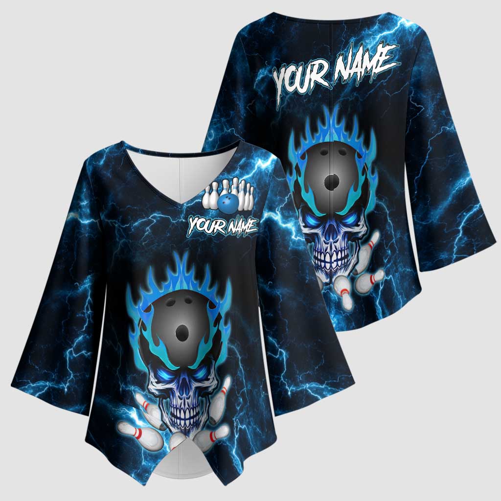 Personalized Bowling Skull Kimono Sleeve Blouse with Blue Flame Energy and Electric Lightning Strike Pattern - Wonder Print Shop