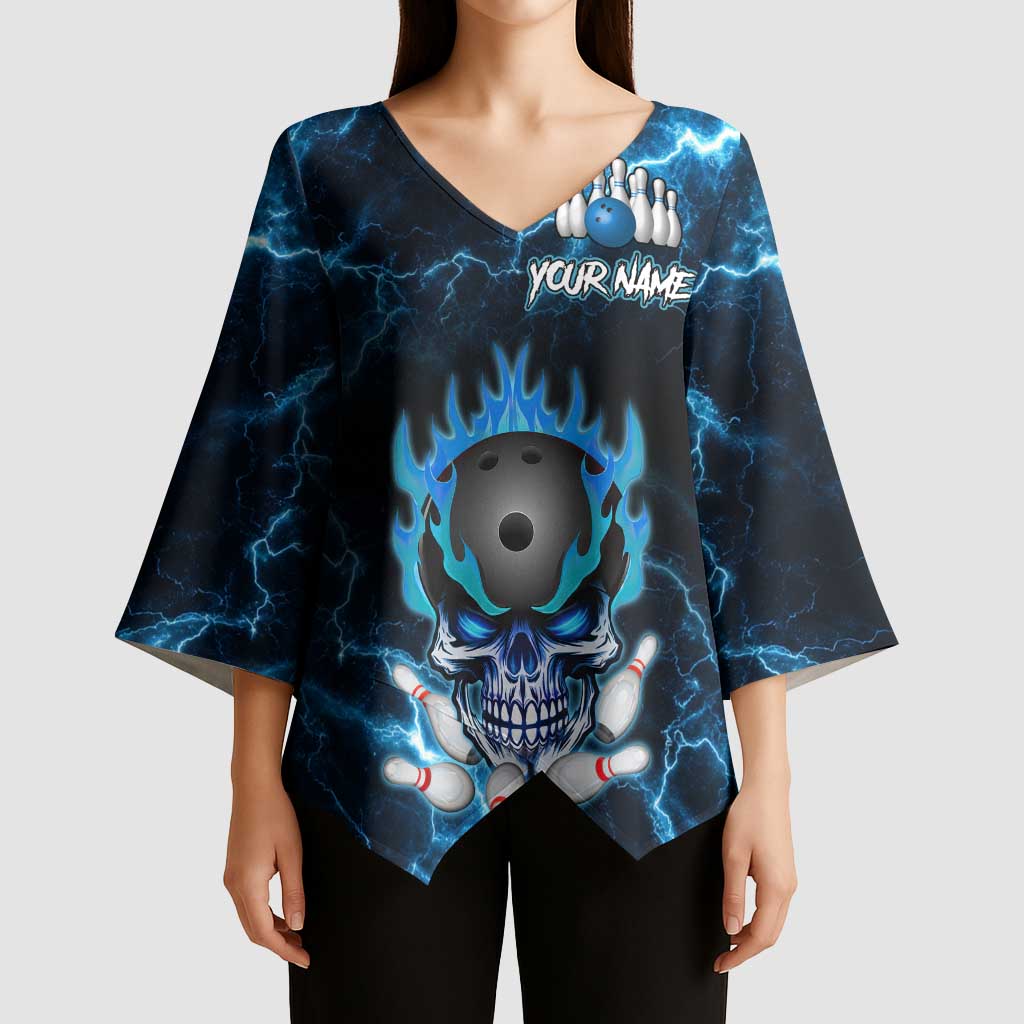 Personalized Bowling Skull Kimono Sleeve Blouse with Blue Flame Energy and Electric Lightning Strike Pattern - Wonder Print Shop