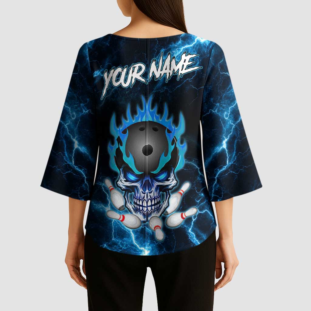 Personalized Bowling Skull Kimono Sleeve Blouse with Blue Flame Energy and Electric Lightning Strike Pattern - Wonder Print Shop