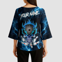 Personalized Bowling Skull Kimono Sleeve Blouse with Blue Flame Energy and Electric Lightning Strike Pattern - Wonder Print Shop