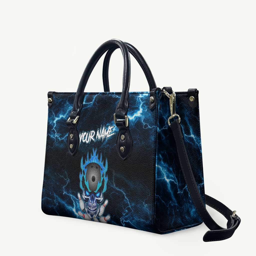Personalized Bowling Skull Leather Bag with Blue Flame Energy and Electric Lightning Strike Pattern - Wonder Print Shop