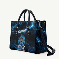 Personalized Bowling Skull Leather Bag with Blue Flame Energy and Electric Lightning Strike Pattern - Wonder Print Shop
