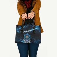 Personalized Bowling Skull Leather Bag with Blue Flame Energy and Electric Lightning Strike Pattern - Wonder Print Shop