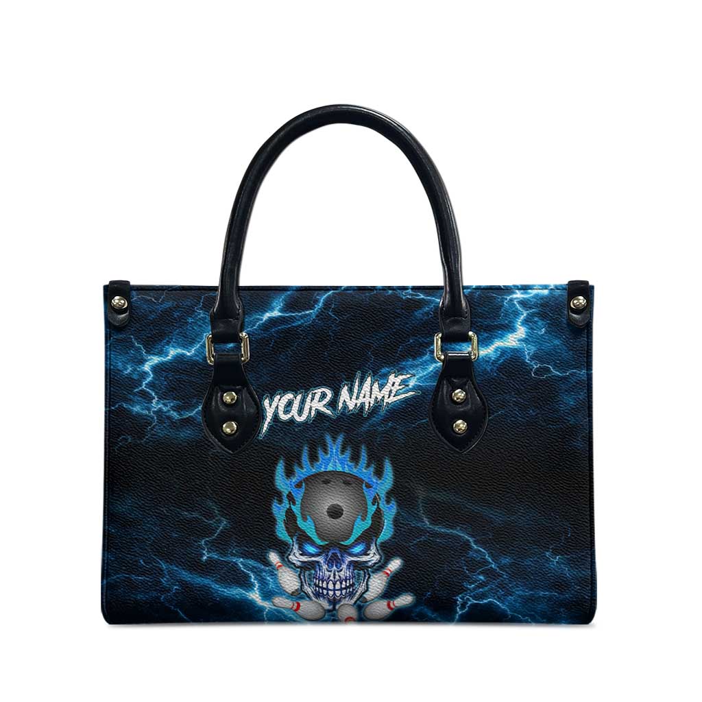 Personalized Bowling Skull Leather Bag with Blue Flame Energy and Electric Lightning Strike Pattern - Wonder Print Shop