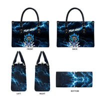 Personalized Bowling Skull Leather Bag with Blue Flame Energy and Electric Lightning Strike Pattern - Wonder Print Shop