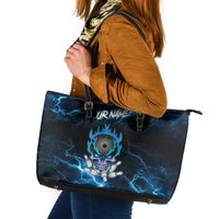 Personalized Bowling Skull Leather Tote Bag with Blue Flame Energy and Electric Lightning Strike Pattern - Wonder Print Shop