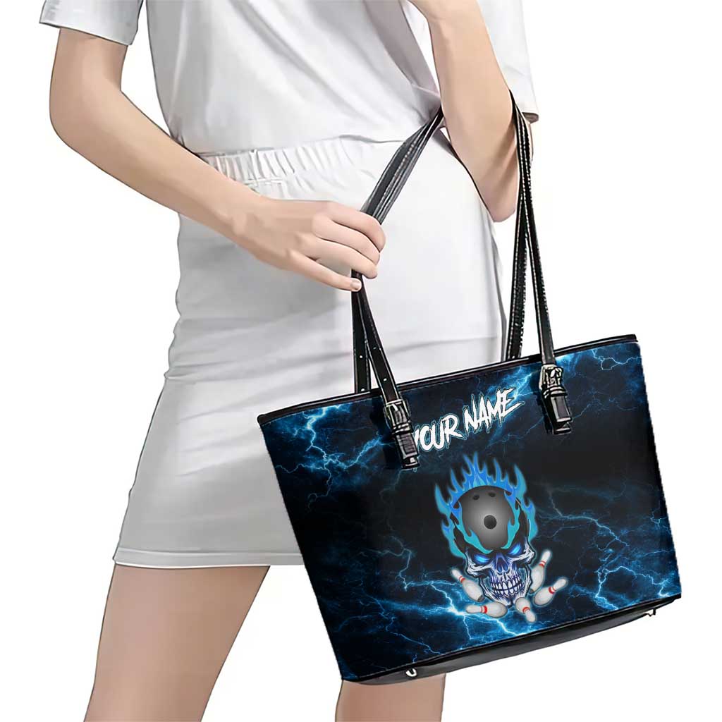 Personalized Bowling Skull Leather Tote Bag with Blue Flame Energy and Electric Lightning Strike Pattern - Wonder Print Shop