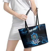 Personalized Bowling Skull Leather Tote Bag with Blue Flame Energy and Electric Lightning Strike Pattern - Wonder Print Shop